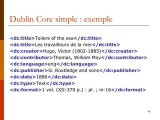 Dublin Core simple : exemple <dc:title> Toilers of the sea </dc:title>   <dc:title> Les travailleurs de la mer </dc:title> <dc:creator> Hugo, Victor (1802-1885) </dc:creator>   <dc:contributor> Thomas, William Moy </dc:contributor>   <dc:language> eng </dc:language> <dc:publisher> G. Routledge and sons </dc:publisher> <dc:date> 1886 </dc:date>   <dc:type> Text </dc:type>   <dc:format> 1 vol. (XII-370 p.) : pl. ; in-16 </dc:format> 