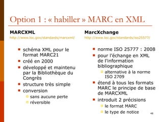 Option 1 : « habiller » MARC en XML MARCXML http:// www.loc.gov/standards/marcxml/ schéma XML pour le format MARC21 créé en 2000 développé et maintenu par la Bibliothèque du Congrès structure très simple conversion  sans aucune perte réversible MarcXchange http://www.loc.gov/standards/iso25577/ norme ISO 25777 : 2008 pour l’échange en XML  de l’information bibliographique alternative à la norme  ISO 2709 étend à tous les formats MARC le principe de base de MARCXML introduit 2 précisions le format MARC  le type de notice 