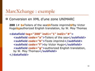 MarcXchange : exemple Conversion en XML d’une zone UNIMARC 200  1#   $a Toilers of the sea $b Texte imprimé $f by Victor  Hugo $g authorized English translation, by W. Moy Thomas <datafield   tag="200" ind1="1" ind2="#" > <subfield  code="a" > Toilers of the sea </subfield>   <subfield  code="b" > Texte imprimé </subfield>   <subfield  code="f" > by Victor Hugo </subfield> <subfield  code="g" > authorized English translation,  by W. Moy Thomas </subfield>   </datafield>   