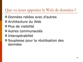 Que va nous apporter le Web de données ? Données reliées avec d’autres Architecture du Web Plus de visibilité Autres communautés Interopérabilité Souplesse pour la réutilisation des données 