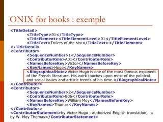 ONIX for books : exemple <TitleDetail> <TitleType> 01 </TitleType> <TitleElement><TitleElementLevel> 01 </TitleElementLeve...