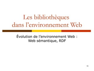 Les bibliothèques  dans l’environnement Web Évolution de l’environnement Web : Web sémantique, RDF 