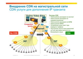 Внедрение CDN на магистральной сети
CDN услуги для дополнения IP транзита
                                                                                                Выгоды СDN
                           Online Video Sites                                                   •  Уменьшение расходов на хостинг
                                                                                                •  Уменьшение расходов на
                                                                                                   серверы/хранение
                                                                                                •  Уменьшение расходов на ШПД
                                                                                                •  Уменьшение OPEX
                     Congestion
                                                                                                •  Устранение узких мест при
                         points                                                                    передаче трафика
                                                              Internet                          •  Улучшение опыта пользователей
                                                                               cache
                                                                                                   за счет доставки контента из
                                                                                                   ближайшего кеша
No CDN                                                                                                                CDN



                    ISP                                                                               ISP




  Presentation_ID   © 2010 Cisco and/or its affiliates. All rights reserved.     Cisco Public                                   10
 