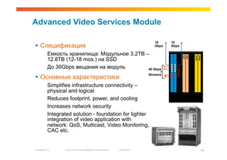 Advanced Video Services Module

                                                                                                 10     10
  Спецификация                                                                                  Gbps   Gbps

             Емкость хранилища: Модульное 3.2TB –




                                                                                                                            AVSM
                                                                                                                                   AVSM
                                                                                                                RSP
                                                                                                                      RSP
             12.8TB (12-18 mos.) на SSD
             До 30Gbps вещания на модуль         40 Gbps
                                                                                              Streams
  Основные характеристики
             Simplifies infrastructure connectivity –
             physical and logical
             Reduces footprint, power, and cooling                                                             ASR9000

             Increases network security
             Integrated solution - foundation for tighter
             integration of video application with
             network: QoS, Multicast, Video Monitoring,
             CAC etc.


Presentation_ID     © 2010 Cisco and/or its affiliates. All rights reserved.   Cisco Public                                               20
 