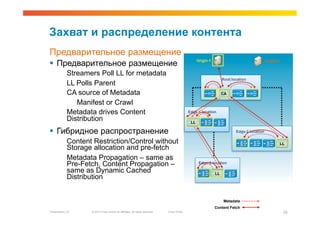 Захват и распределение контента
Предварительное размещение
  Предварительное размещение                                                                       Origin-1                                 Origin-2


             Streamers Poll LL for metadata
                                                                                                                    Root location
             LL Polls Parent
             CA source of Metadata                                                                                  CA

                Manifest or Crawl
             Metadata drives Content                                                          Edge-1 location

             Distribution                                                                      LL

  Гибридное распространение                                                                                               Edge-2 location

             Content Restriction/Control without                                                                                                        LL
             Storage allocation and pre-fetch
             Metadata Propagation – same as
             Pre-Fetch, Content Propagation –                                                        Edge-3 location

             same as Dynamic Cached                                                                            LL
             Distribution


                                                                                                                    Metadata
                                                                                                               Content Fetch
Presentation_ID     © 2010 Cisco and/or its affiliates. All rights reserved.   Cisco Public                                                              25
 