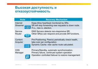Высокая доступность и
отказоустойчивость

           Node                                                       Recovery Mechanism
Internet                    Keep-Alive heartbeat monitored by SRs.
Streamer                    SR will stop forwarding new requests to down node.
                            If LL, new LL election.
Service                     DNS Servers detects non-responsive SR.
Router                      Other SR(s) can respond and provide SR functions.

Content                     Pre-Positioning: Peer(s) periodically check health,
Acquirer                    take over per configuration.
                            Dynamic Cache: new cache route calculated.

CDS                         Primary/Standby, automatic synchronization.
Manager                     Primary failure, continued system operation
                            Operation controlled failover to restore management



Presentation_ID   © 2010 Cisco and/or its affiliates. All rights reserved.   Cisco Public   42
 