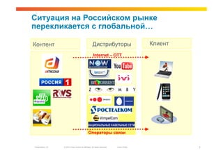 Ситуация на Российском рынке
перекликается с глобальной…

Контент                                                Дистрибуторы                         Клиент
                                                       Internet – OTT




                                                 Операторы связи


Presentation_ID   © 2010 Cisco and/or its affiliates. All rights reserved.   Cisco Public            7
 