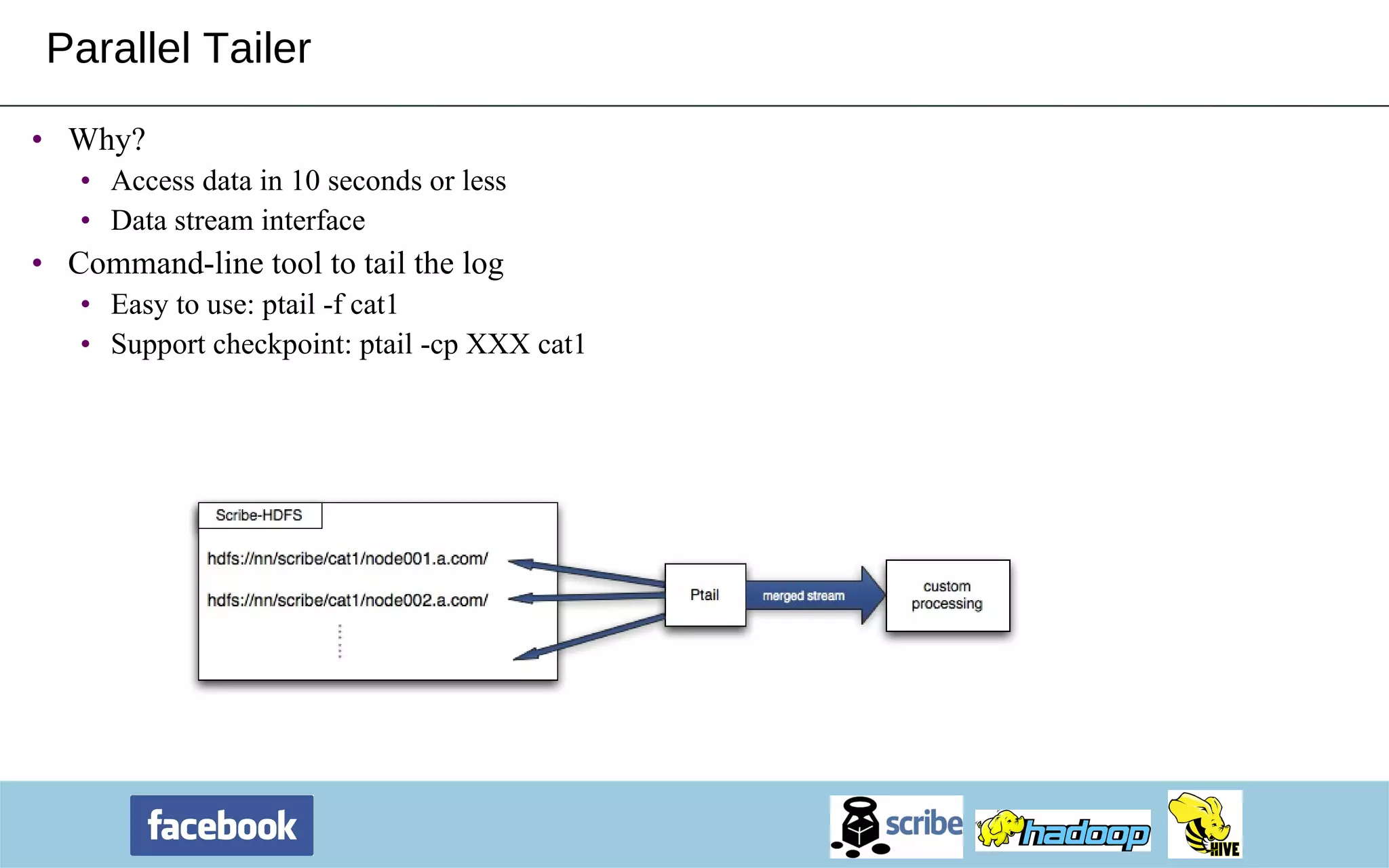 Parallel Tailer Why? Access data in 10 seconds or less Data stream interface Command-line tool to tail the log Easy to use: ptail -f cat1 Support checkpoint: ptail -cp XXX cat1 