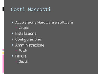 DistribuzionedelleResponsabilitàOn-PremisesInfrastructure(as a Service)Software(as a Service)Platform(as a Service)You manageApplicationsApplicationsApplicationsApplicationsYou manageDataDataDataDataYou manageRuntimeRuntimeRuntimeRuntimeMiddlewareMiddlewareMiddlewareMiddlewareOther ManagesOther ManagesO/SO/SO/SO/SVirtualizationVirtualizationVirtualizationVirtualizationOtherManagesServersServersServersServersStorageStorageStorageStorageNetworkingNetworkingNetworkingNetworking