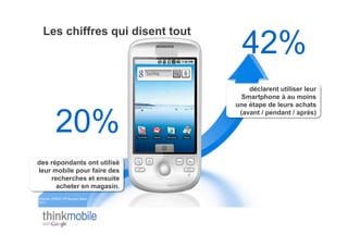 42%
  Les chiffres qui disent tout



                                     déclarent utiliser leur
                                   Smartphone à au moins
                                 une étape de leurs achats


         20%
                                  (avant / pendant / après)




des répondants ont utilisé
leur mobile pour faire des
    recherches et ensuite
      acheter en magasin.
Source: IPSOS FR Survey, Mars
2011
 