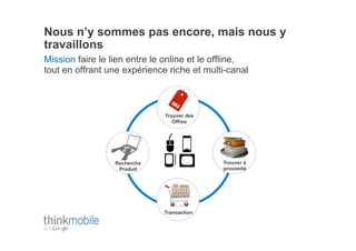 Nous n’y sommes pas encore, mais nous y
travaillons
Mission faire le lien entre le online et le offline,
tout en offrant une expérience riche et multi-canal



                              Trouver des
                                 Offres




                  Recherche                  Trouver à
                   Produit                   proximité




                              Transaction
 