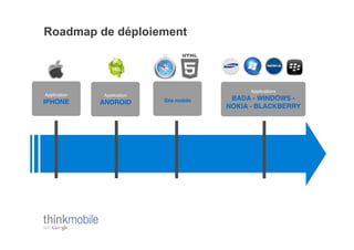 Roadmap de déploiement



                                                       Applications!
Application!    Application!
IPHONE !       ANDROID!        Site mobile   !    BADA - WINDOWS -
                                    !            NOKIA - BLACKBERRY!
 