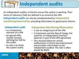 Independent audit
• is a compulsory
element of a VPA
• all agreed VPAs
include annexes
defining the ToR for
the audits
• its role is to check
the system works
Independent Monitoring/Observation
• is not an integral part of the VPA
• in Cameroon and the Rep of Congo, the
need for an independent monitor/
observer is part of the VPA agreement
• This monitor/observer checks
malfunctions in forest law enforcement
and provides information to the
independent auditor. The role is often
played by NGOs
An independent auditor is hired to ensure the system is working. Their
terms of reference (ToR) are defined in an annex to the VPA.
Independent audits can also be complemented by independent
monitoring/observation, providing information on governance failures.
Independent audits
 
