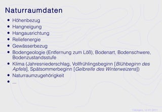 Naturraumdaten
•   Höhenbezug
•   Hangneigung
•   Hangausrichtung
•   Reliefenergie
•   Gewässerbezug
•   Bodengeologie (Entfernung zum Löß), Bodenart, Bodenschwere,
    Bodenzustandsstufe
•   Klima (Jahresniederschlag, Vollfrühlingsbeginn [Blühbeginn des
    Apfels], Spätsommerbeginn [Gelbreife des Winterweizens])
•   Naturraumzugehörigkeit
•   ...




                                                         Tübingen, 12.07.2011
 