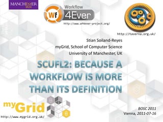 Stian Soiland-Reyes myGrid, School of Computer Science University of Manchester, UK http://taverna.org.uk/ Scufl2: Because a workflow is more than its definition BOSC 2011 Vienna, 2011-07-16 http://www.mygrid.org.uk/ http://www.wf4ever-project.org/ 