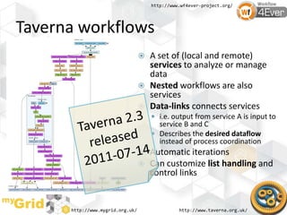 Taverna workflows<br />A set of (local and remote) services to analyze or manage data<br />Nested workflows are also servi...