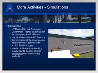 More Activities - SimulationsSimulationsUT Medical School Emergency Department – hands-on simulation for emergency medical teamsVirtual Hallucinations (UC Davis) – demonstration of the experience of hallucinations of patients with schizophrenia – videoVanderbilt University – teaching faculty how to manage clinical simulations with their nursing students