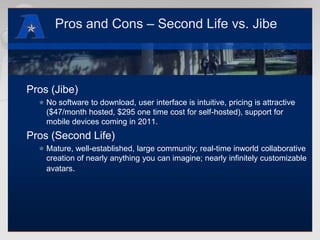 Pros and Cons – Second Life vs. JibePros (Jibe)No software to download, user interface is intuitive, pricing is attractive ($47/month hosted, $295 one time cost for self-hosted), support for mobile devices coming in 2011.Pros (Second Life)Mature, well-established, large community; real-time inworld collaborative creation of nearly anything you can imagine; nearly infinitely customizable avatars.