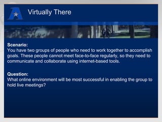 Virtually ThereScenario:You have two groups of people who need to work together to accomplish goals. These people cannot meet face-to-face regularly, so they need to communicate and collaborate using internet-based tools.Question:What online environment will be most successful in enabling the group to hold live meetings?