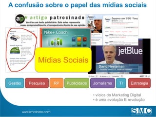 A confusão sobre o papel das mídias sociais




             Mídias Sociais

Gestão   Pesquisa   RP   Publicidade   Jornalismo    TI     Estratégia


                                       • vícios do Marketing Digital
                                       • é uma evolução E revolução
 