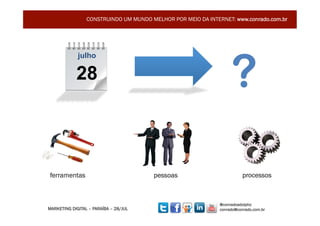 CONSTRUINDO UM MUNDO MELHOR POR MEIO DA INTERNET: www.conrado.com.br




                                                                   ?
             julho

            28




ferramentas                            pessoas                           processos



                                                              @conradoadolpho
MARKETING DIGITAL – PARAÍBA – 28/JUL                          conrado@conrado.com.br
 