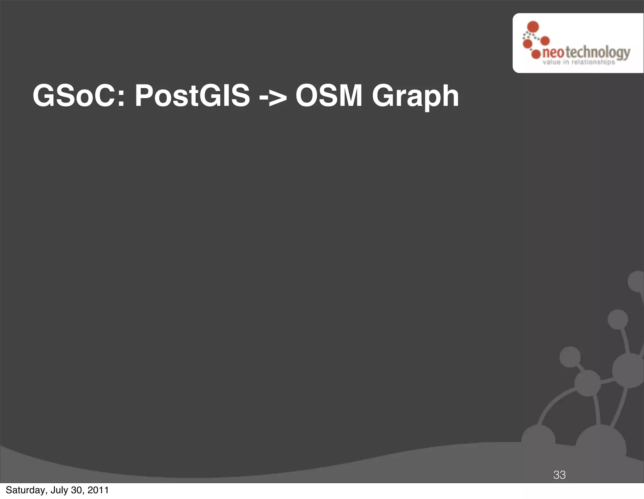 GSoC: PostGIS -> OSM Graph




                                  33
Saturday, July 30, 2011
 