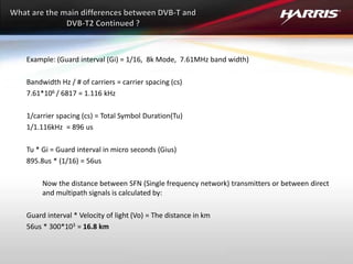 Example: (Guard interval (Gi) = 1/16, 8k Mode, 7.61MHz band width)
Bandwidth Hz / # of carriers = carrier spacing (cs)
7.61*106 / 6817 = 1.116 kHz
1/carrier spacing (cs) = Total Symbol Duration(Tu)
1/1.116kHz = 896 us
Tu * Gi = Guard interval in micro seconds (Gius)
895.8us * (1/16) = 56us
Now the distance between SFN (Single frequency network) transmitters or between direct
and multipath signals is calculated by:
Guard interval * Velocity of light (Vo) = The distance in km
56us * 300*103 = 16.8 km
 