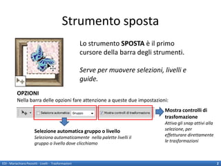 Strumento sposta
                                                        Lo strumento SPOSTA è il primo
                                                        cursore della barra degli strumenti.

                                                        Serve per muovere selezioni, livelli e
                                                        guide.
           OPZIONI
           Nella barra delle opzioni fare attenzione a queste due impostazioni:
                                                                                      Mostra controlli di
                                                                                      trasfomazione
                                                                                      Attiva gli snap attivi alla
                        Selezione automatica gruppo o livello                         selezione, per
                                                                                      effetturare direttamente
                        Seleziona automaticamente nella palette livelli il
                                                                                      le trasformazioni
                        gruppo o livello dove clicchiamo



EDI - Mariachiara Pezzotti - Livelli - Trasformazioni                                                               2
 