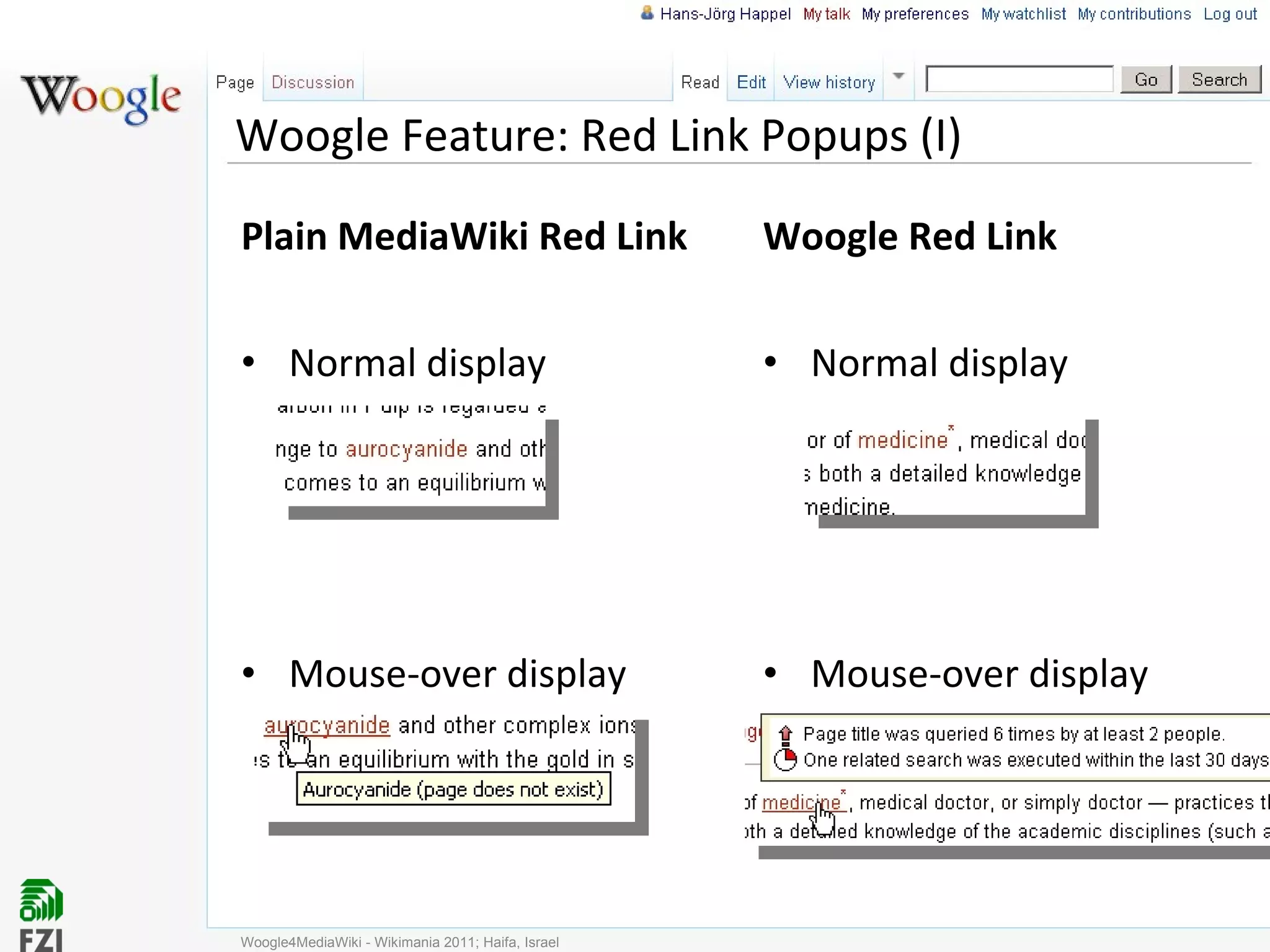 Woogle Feature: Red Link Popups (I) Plain MediaWiki Red Link Normal display Mouse-over display Woogle Red Link Normal display Mouse-over display Woogle4MediaWiki - Wikimania 2011; Haifa, Israel 