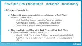 New Cash Flow Presentation – Increased Transparency

         Effective           30 th    June 2012:

                       Enhanced transparency and disclosure of Operating Cash Flow,
                        segregated by key drivers:
                             – Cash flow before changes in operating Assets and Liabilities
                             – Working Capital and other operating Assets and Liabilities
                             – Taxes, Treasury activities and Dividends from Associates

                       Change definitions of Operating Cash Flow and Free Cash Flow,
                        to align with common practice amongst peers:
                             – Operating Cash Flow to include Dividends from Associates (mainly L’Oréal)
                             – Free Cash Flow to exclude minority interests (dividends paid, acquisitions of
                               shares)

26   August 9th, 2012   Half Year Roadshow
 