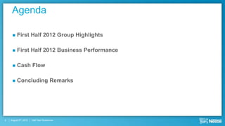 Agenda

        First Half 2012 Group Highlights

        First Half 2012 Business Performance

        Cash Flow

        Concluding Remarks




2   August 9th, 2012   Half Year Roadshow
 