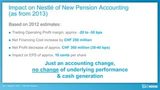 Impact on Nestlé of New Pension Accounting
      (as from 2013)
      Based on 2012 estimates:
         Trading Operating Profit margin: approx. -20 to -30 bps

         Net Financing Cost increase by CHF 250 million

         Net Profit decrease of approx. CHF 360 million (30-40 bps)

         Impact on EPS of approx. 10 cents per share

                                        Just an accounting change,
                                   no change of underlying performance
                                             & cash generation
40   August 9th, 2012   Half Year Roadshow
 