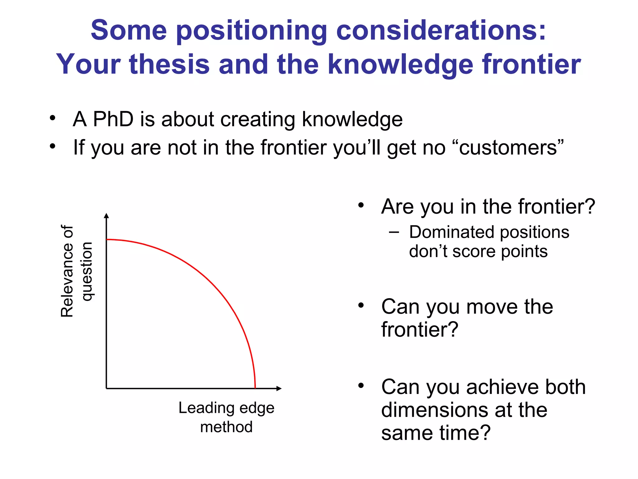 Some positioning considerations:
Your thesis and the knowledge frontier
• A PhD is about creating knowledge
• If you are not in the frontier you’ll get no “customers”

                                  • Are you in the frontier?
                                      – Dominated positions
 Relevance of




                                        don’t score points
   question




                                  • Can you move the
                                    frontier?

                                  • Can you achieve both
                Leading edge        dimensions at the
                  method            same time?
 