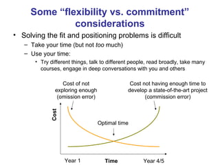 Some “flexibility vs. commitment”
              considerations
• Solving the fit and positioning problems is difficult
   – Take your time (but not too much)
   – Use your time:
       • Try different things, talk to different people, read broadly, take many
         courses, engage in deep conversations with you and others

                  Cost of not                  Cost not having enough time to
               exploring enough               develop a state-of-the-art project
                (omission error)                     (commission error)
             Cost




                                   Optimal time




                    Year 1           Time            Year 4/5
 