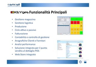 Funzionalità	
  Principali
                                                 	
  
•  Ges2one	
  magazzino	
  
•  Ges2one	
  logis2ca	
  
•  Produzione	
  	
  
•  Ciclo	
  a=vo	
  e	
  passivo	
  
•  Fa4urazione	
  
•  Contabilità	
  e	
  controllo	
  di	
  ges2one	
  
•  Anagraﬁche	
  Clien2	
  e	
  Fornitori	
  
•  Analisi	
  performance	
  
•  Soluzione	
  integrata	
  per	
  il	
  punto	
  
   vendita	
  al	
  de4aglio	
  POS	
  
•  Web	
  Store	
  integrato	
  
 