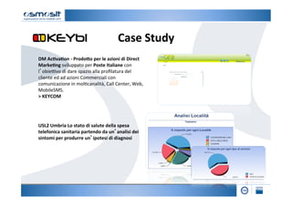 Case	
  Study	
  
DM	
  Ac7va7on	
  -­‐	
  ProdoKo	
  per	
  le	
  azioni	
  di	
  Direct	
  
Marke7ng	
  sviluppato	
  per	
  Poste	
  Italiane	
  con	
  
l’obie=vo	
  di	
  dare	
  spazio	
  alla	
  proﬁlatura	
  del	
  
cliente	
  ed	
  ad	
  azioni	
  Commerciali	
  con	
  
comunicazione	
  in	
  mol2canalità,	
  Call	
  Center,	
  Web,	
  
MobileSMS.	
  
>	
  KEYCOM	
  
	
  
	
  


USL2	
  Umbria	
  Lo	
  stato	
  di	
  salute	
  della	
  spesa	
  
telefonica	
  sanitaria	
  partendo	
  da	
  un’analisi	
  dei	
  
sintomi	
  per	
  produrre	
  un’ipotesi	
  di	
  diagnosi	
  	
  
	
  
	
  
	
  
 