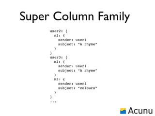Super Column Family
     user2: {
       m1: {
         sender: user1
         subject: “A rhyme”
       }
     }
     user3: {
       m1: {
         sender: user1
         subject: “A rhyme”
       }
       m2: {
         sender: user1
         subject: “colours”
       }
     }
     ...
 