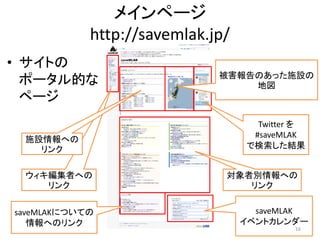 メインページ
            http://savemlak.jp/
• サイトの
                             被害報告のあった施設の
  ポータル的な                         地図...