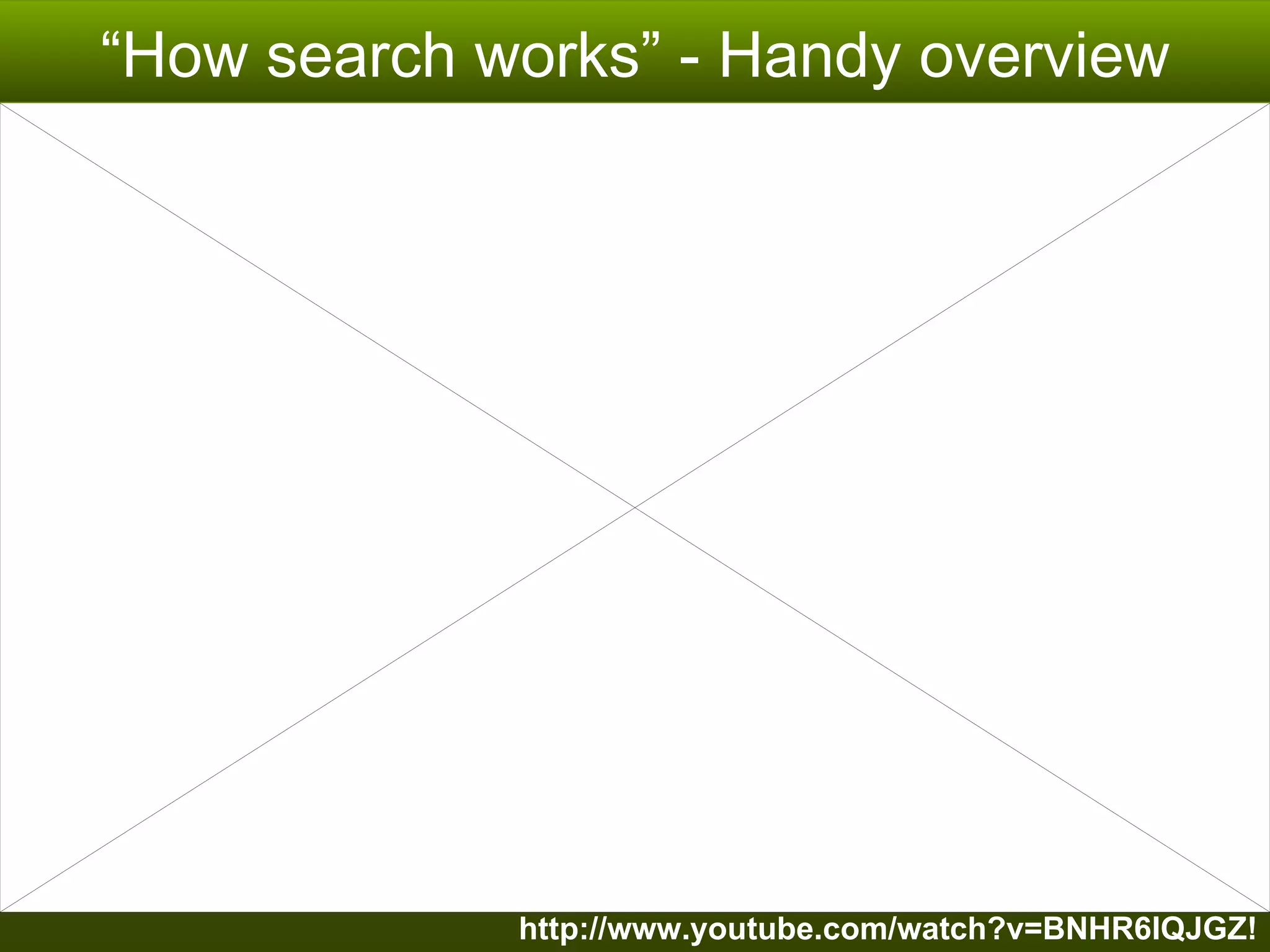 “ How search works” - Handy overview http://www.youtube.com/watch?v=BNHR6IQJGZ! 