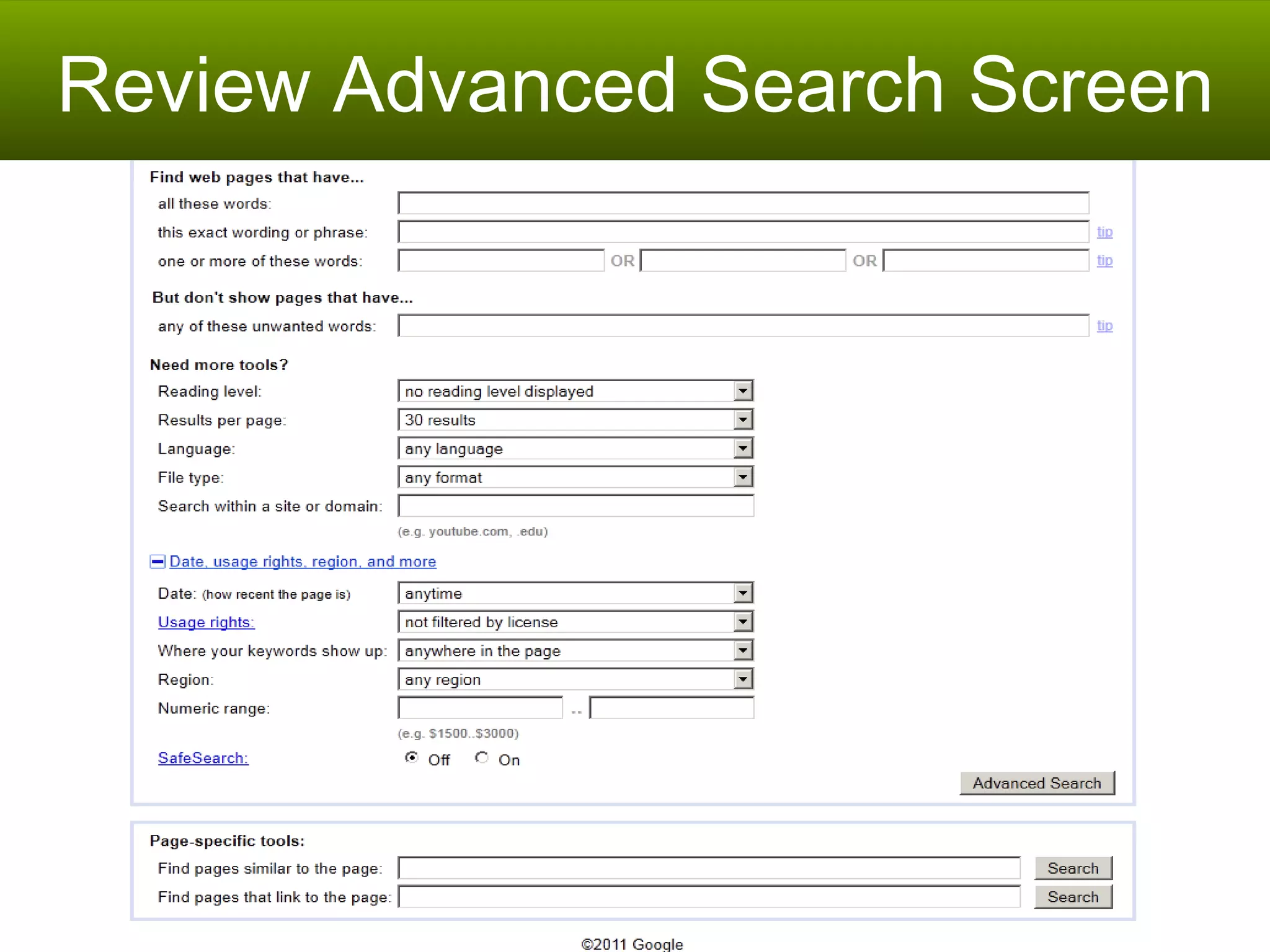 Review Advanced Search Screen 