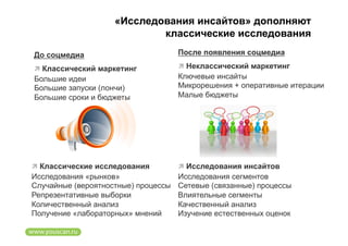 «Исследования инсайтов» дополняют
                            классические исследования

До соцмедиа                          После появления соцмедиа

  Классический маркетинг              Неклассический маркетинг
Большие идеи                         Ключевые инсайты
Большие запуски (лончи)              Микрорешения + оперативные итерации
Большие сроки и бюджеты              Малые бюджеты




  Классические исследования           Исследования инсайтов
Исследования «рынков»                Исследования сегментов
Случайные (вероятностные) процессы   Сетевые (связанные) процессы
Репрезентативные выборки             Влиятельные сегменты
Количественный анализ                Качественный анализ
Получение «лабораторных» мнений      Изучение естественных оценок
 