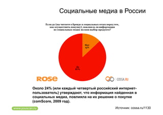 Социальные медиа в России




Около 24% (или каждый четвертый российский интернет-
пользователь) утверждают, что информация найденная в
социальных медиа, повлияла на их решение о покупке
(сomScore, 2009 год).
                                         Источник: cossa.ru/1130
 