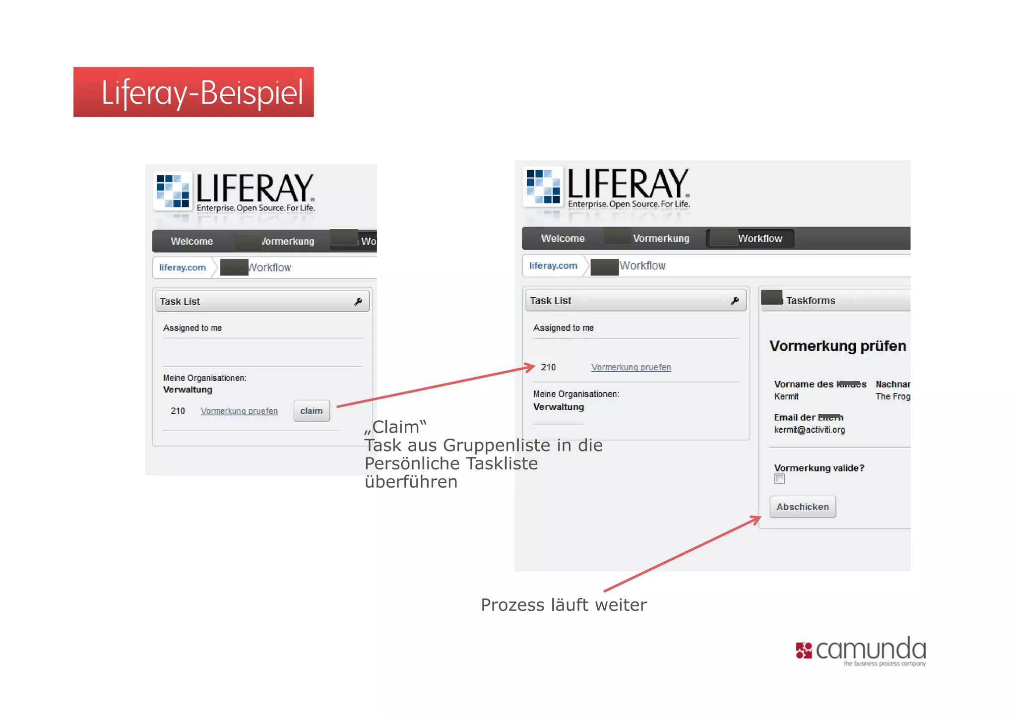 Liferay-Beispiel




                   „Claim“
                   Task
                   T k aus Gruppenliste i di
                            G        li t in die
                   Persönliche Taskliste
                   überführen




                                 Prozess läuft weiter
 