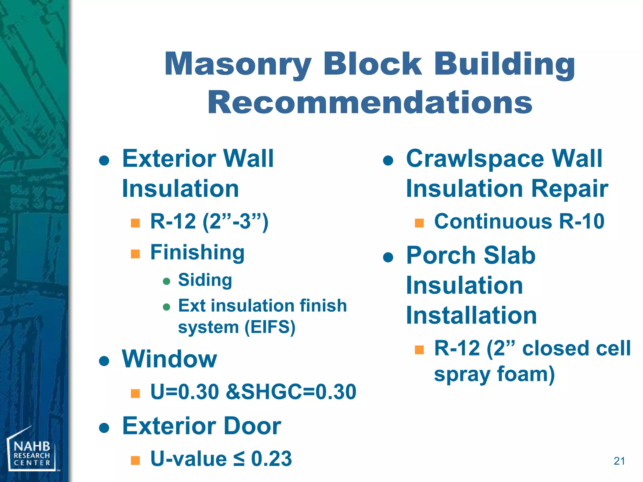 Masonry Block Building
           Recommendations
   Exterior Wall                       Crawlspace Wall
    Insulation                           Insulation Repair
       R-12 (2”-3”)                        Continuous R-10
       Finishing                       Porch Slab
            Siding                      Insulation
            Ext insulation finish
             system (EIFS)
                                         Installation
                                            R-12 (2” closed cell
   Window
                                             spray foam)
       U=0.30 &SHGC=0.30
   Exterior Door
       U-value ≤ 0.23                                         21
 