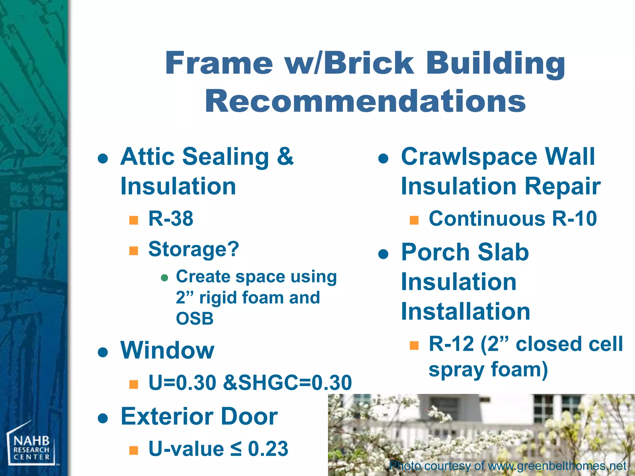 Frame w/Brick Building
           Recommendations
   Attic Sealing &                  Crawlspace Wall
    Insulation                        Insulation Repair
       R-38                             Continuous R-10
       Storage?                     Porch Slab
            Create space using       Insulation
             2” rigid foam and
             OSB                      Installation
   Window                               R-12 (2” closed cell
                                          spray foam)
       U=0.30 &SHGC=0.30
   Exterior Door
       U-value ≤ 0.23                                                22
                                  Photo courtesy of www.greenbelthomes.net
 
