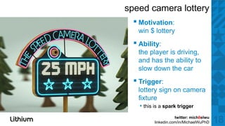 speed camera lottery
  ▪ M ti ti
    Motivation:
   win $ lottery
  ▪ Abilit
    Ability:
   the player is driving,
   and has the ability to
                      y
   slow down the car
  ▪ Trigger:
       gg
   lottery sign on camera
   fixture
    • thi is a spark t i
      this i       k trigger

                     twitter: mich8elwu
          linkedin.com/in/MichaelWuPhD    18
 