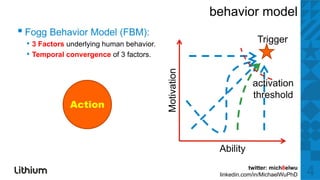 behavior model
▪ F B h i M d l (FBM):
  Fogg Behavior Model (FBM)
                                                                      Trigger
 • 3 Factors underlying human behavior.
 • Temporal convergence of 3 factors.




                                              vation
                                                                    activation
                                                                    threshold




                                          Motiv
             Action



                                                        Ability
                                                                   twitter: mich8elwu
                                                        linkedin.com/in/MichaelWuPhD    4
 