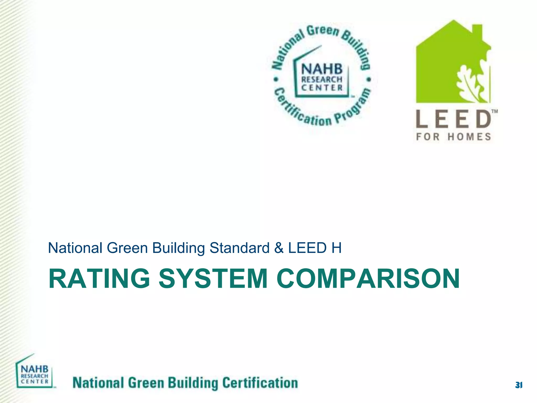 National Green Building Standard & LEED H

RATING SYSTEM COMPARISON


                                            31
 