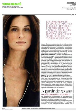 10 BOULEVARD DES FRERES VOISIN
92130 ISSY LES MOULINEAUX - 01 41 46 88 88
OCTOBRE 11
Mensuel
OJD : 72743
Surface approx. (cm²) : 1868
N° de page : 94-97
Page 3/4
IMCAS
6359849200503/XSV/OTO/2
Eléments de recherche : ENDYMED 3 DEEP: système de radiofréquence, toutes citations
IKSOBSKSSIOXSDK
LXCIXQLTAIK?L
i;t)SSIHCATIO"l)l
VISAGE UvS OLlllvS
SH!IMAC!IKLI'S
Ce sont elles qui nous donnent un air éternellement triste
Pour les estomper, sans chirurgie, on n'a pas encore trouve
mieux que la fameuse toxine boutique Son mode d action
est simple en diminuant temporairement la contraction
exageree de certains muscles peauciers du visage, elle lisse
l'epiderme et décontracté les traits Dans la foulée, les sour-
cils tombants remontent agrandissent le regard
Ça se passe comment? Le medecin observe le visage de
la patiente au repos, puis avec des mimiques (responsables
des rides d'expression) II desinfecte la peau et injecte le pro-
duit avec une aiguille tres fine C est indolore maîs on peut
appliquer une creme anesthesiante «Avec Azzalure®, la
toxine boutique du laboratoire Galderma, les rides sont
estompées des le deuxieme jour qui suit l'injection, précise
le Dr
Philippe Kestemont, chirurgien esthetique, specialiste
de la face et du cou. Puis les resultats se stabilisent pendant
une semaine et durent six a sept mois » Un vrai «plus» par
rapport aux autres toxines boutiques dont les premiers effets
apparaissent au bout de trois jours, puis s'installent en deux
semaines pourdurerquatre a six mois Les effets secondaires
sont mineurs et transitoires (ecchymoses, rougeurs)
Le prix : 350 a 600 € la séance selon les zones traitées
L'avis de VH. Ces injections sont sûres, efficaces et compa-
tibles avec d'autres traitements de medecine esthetique
(peeling leger, mésothérapie ) Maîs a une condition res-
pecter un minimum d'une semaine entre la pratique d'une gj
de ces techniques et une séance de toxine boutique o
Indispensable pour ne pas risquer qu'elle se diffuse ailleurs jj
que surleszones ciblées par I intermédiaire d'un petit œdème i
qui serait consécutifa l'un de ces protocoles 5
À partir de 50 ans i
ON RÉHARMONISE L'ENSEMBLE |
Les obsessions de la cinquantaine7
La loi de la gravite et <
«l'ossification»duvisage Lesvolumesfondent,l'ovaledevient g
flou, le cou se relâche, les tempes se creusent jt
L'horlogebiologiquea déjàparcouru unbonbout de chemin m
et le vieillissement extrinsèque, lie aux UV, a la fatigue, p
au tabac a, lui aussi, fait quèlques dégâts Resultat
o
uneï
 