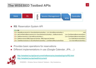 WISEBED – Wireless Sensor Network Testbeds – http://wisebed.eu
The WISEBED Testbed APIs
n  RS: Reservation System API
n  Provides basic operations for reservations
n  Different implementations in use (Google Calendar, JPA, ...)
§  http://wisebed.eu/api/java/current/reference/eu/wisebed/api/rs/RS.html
§  http://wisebed.eu/api/wsdl/rs/current/
24
RS	
  SNAA	
   Session	
  Management	
   WSN	
  WSN	
  WSN	
  WSN	
  
Controller	
  
iWSN
 